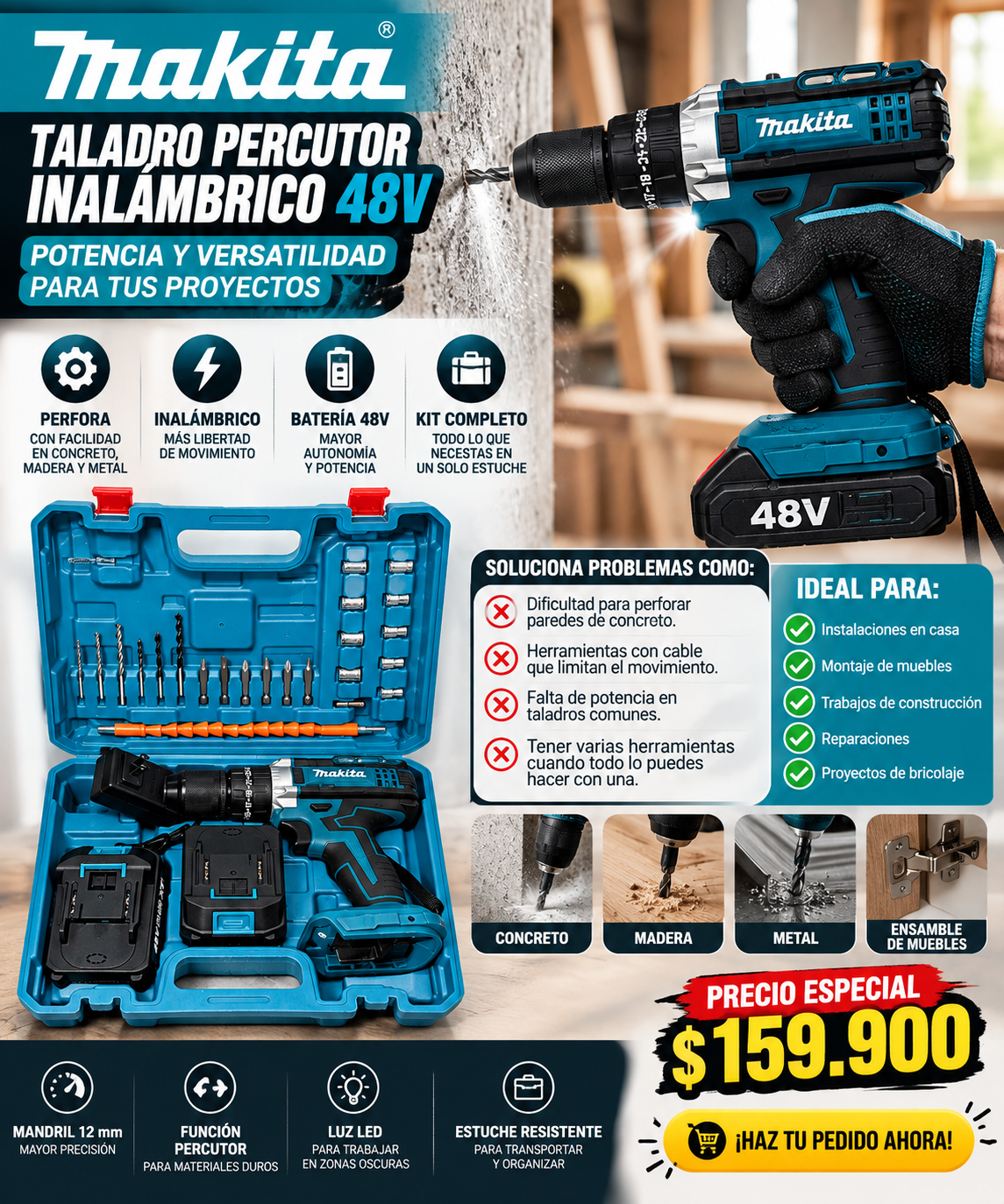 Taladro percutor 128v makita 1/2"